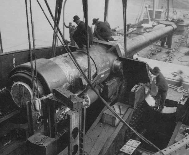 USS Connecticut B-18 getting one of her bow 12/45 (30.5 cm) guns installed